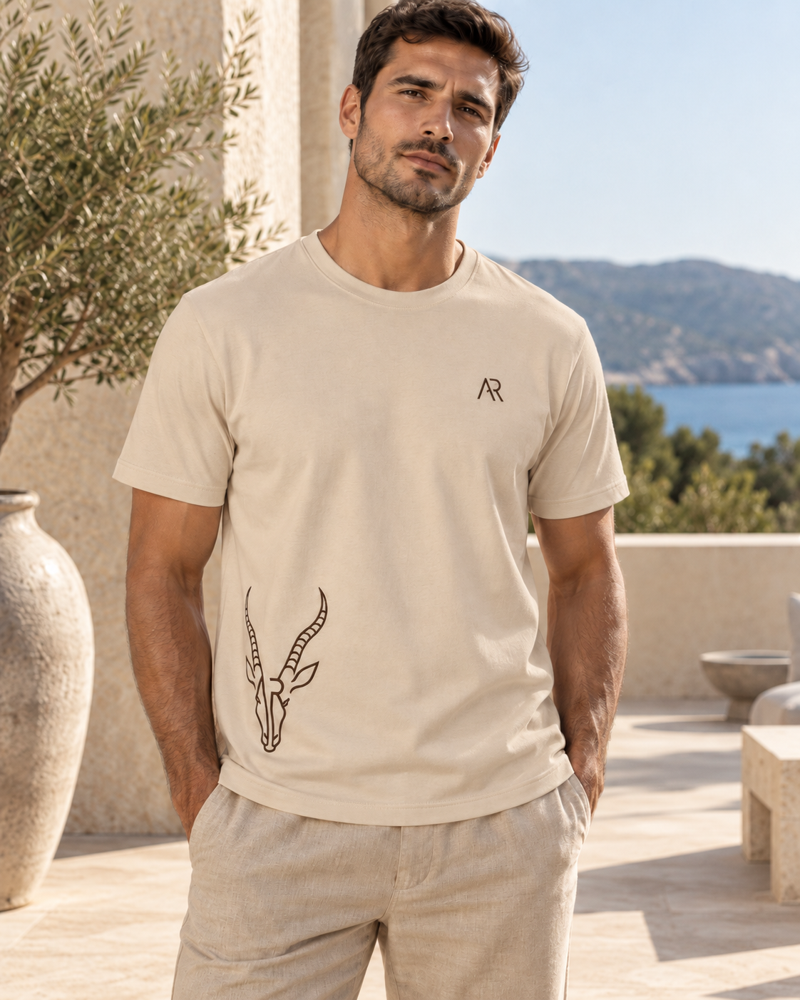 AR Essential Tee Homme K3032IC — Light Sand — lifestyle premium — hero [ARV:light-sand:any:P01]