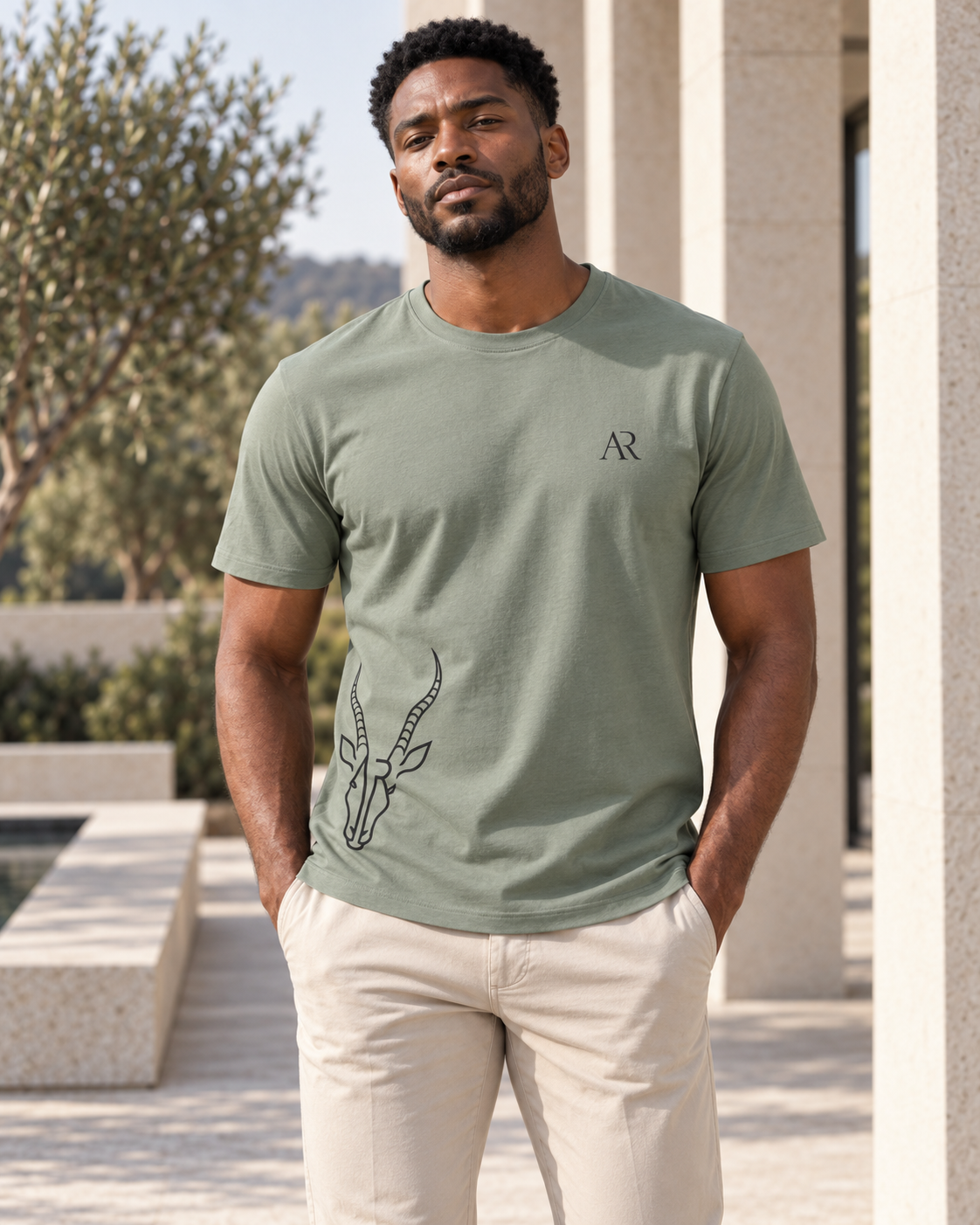 AR Essential Tee Homme K3032IC — Sage — lifestyle premium — hero [ARV:sage:any:P01]